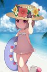  arm_up armpits ayuanlv beach brown_eyes brown_hair casual_one-piece_swimsuit cloud day final_fantasy final_fantasy_xiv flower hand_on_headwear hat hat_flower highres innertube lalafell moogle ocean one-piece_swimsuit outdoors pointy_ears short_hair sky smile solo sun_hat swimsuit swimsuit_skirt water 