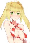  ahoge alternate_hairstyle bad_id bad_pixiv_id bangs bikini blonde_hair blush breasts covered_nipples criss-cross_halter eyebrows_visible_through_hair fate/grand_order fate_(series) green_eyes grin hair_intakes halterneck highres large_breasts long_hair looking_at_viewer mitsuba_(watergarden) nero_claudius_(fate)_(all) nero_claudius_(swimsuit_caster)_(fate) simple_background smile solo striped striped_bikini swimsuit twintails upper_body white_background 