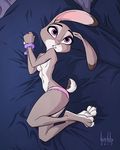  2017 anthro artbirchly_(artist) bed bedding blanket breasts clothed clothing digital_media_(artwork) disney female fur fuzzy_handcuffs grey_fur handcuffs judy_hopps lagomorph looking_at_viewer mammal pink_panties purple_eyes shackles solo topless zootopia 
