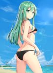  aqua_eyes ass beach bikini black_bikini blue_sky breasts butt_crack closed_mouth contrapposto cowboy_shot day from_side green_hair hair_between_eyes hair_ornament hairclip halterneck kantai_collection lens_flare long_hair looking_at_viewer medium_breasts outdoors rin_yuu side-tie_bikini sky smile solo standing suzuya_(kantai_collection) swimsuit underboob 