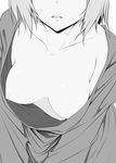  alice_margatroid breasts breasts_apart collarbone downblouse greyscale head_out_of_frame lowres medium_breasts monochrome nipples nirap no_bra parted_lips shirt simple_background solo touhou upper_body white_background 