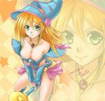  &gt;:) bare_shoulders blonde_hair blue_footwear blush boots breasts choker cleavage closed_mouth collarbone commentary_request dark_magician_girl duel_monster from_above green_eyes hair_between_eyes hat large_breasts long_hair looking_at_viewer looking_up pentacle smile solo staff tenjou_tsuki v-shaped_eyebrows v_arms wizard_hat yuu-gi-ou zoom_layer 