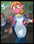  anthro apron blonde_hair breasts cleavage clothed clothing cooking ear_piercing eyewear female glasses hair n0nrealist one_eye_closed piercing sally_(scalie_schoolie) scalie scalie_schoolie smile solo soup wide_hips 