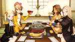  alcohol armor bangs bikini_top billy_the_kid_(eiyuu_senki) blonde_hair blue_eyes bodysuit bra braid breasts brown_hair colombus_(eiyuu_senki) eating eiyuu_senki eiyuu_senki_gold facial_scar flat_chest food game_cg geronimo_(eiyuu_senki) green_eyes hair_ornament hair_ribbon headband large_breasts long_hair looking_at_viewer medium_breasts multiple_girls native_american navel ooyari_ashito open_clothes panties panty_peek parted_bangs perry_(eiyuu_senki) ponytail ribbon sake scar shoulder_armor smile twintails underwear yellow_eyes 