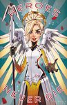  artist_name black_gloves chrissie_zullo english gloves high_ponytail lips looking_at_viewer mechanical_halo mechanical_wings mercy_(overwatch) open_mouth overwatch pantyhose petals solo spread_wings staff wings yellow_wings 