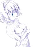  alice_margatroid bangs blue_eyes breasts cleavage cleavage_cutout closed_mouth crossed_arms eyebrows_visible_through_hair hair_between_eyes hair_intakes looking_at_viewer medium_breasts meme_attire nirap open-chest_sweater profile short_hair simple_background solo spot_color sweater touhou turtleneck turtleneck_sweater upper_body white_background 