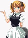  aletta apron bangs blonde_hair blush green_eyes horns isekai_shokudou looking_at_viewer open_mouth ra-pen short_hair smile solo tray twintails waitress 