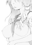  breasts breasts_apart clothes_lift greyscale hair_ornament hair_tubes head_out_of_frame kochiya_sanae large_breasts lifted_by_self long_hair lowres monochrome neckerchief nipples nirap no_bra open_mouth school_uniform serafuku shirt_lift short_sleeves sidelocks simple_background snake_hair_ornament solo touhou upper_body white_background 