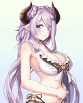  bikini blue_eyes braid breasts cleavage double_bun draph earrings eyebrows_visible_through_hair eyes_visible_through_hair frill_trim from_side gradient gradient_background granblue_fantasy hair_ornament hair_over_one_eye hairclip highres horns jewelry large_breasts long_hair looking_at_viewer muji_(majunduo) narmaya_(granblue_fantasy) own_hands_together parted_lips pointy_ears purple_hair side-tie_bikini sidelocks simple_background smile solo swimsuit white_bikini 