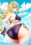  1girl ass baban bare_shoulders bikini blonde_hair blue_eyes blush braid breasts cameltoe fate/apocrypha fate/grand_order fate_(series) from_behind helmet huge_ass large_breasts long_hair looking_at_viewer looking_back looking_down ruler_(fate/apocrypha) ruler_(fate/grand_order) shiny shiny_hair shiny_skin sideboob single_braid smile solo very_long_hair 
