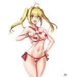  :d alternate_hairstyle ass_visible_through_thighs athenawyrm bangs bikini blonde_hair blush breasts commentary cowboy_shot criss-cross_halter earrings fate/grand_order fate_(series) green_eyes hair_intakes halterneck hand_on_hip hand_on_own_chest hips jewelry long_hair looking_at_viewer medium_breasts navel nero_claudius_(fate)_(all) nero_claudius_(swimsuit_caster)_(fate) open_mouth side-tie_bikini smile solo striped striped_bikini swimsuit thigh_gap twintails white_background 
