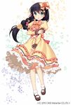  2015 :o bangs black_hair blush bow bowtie braid brooch brown_footwear commentary company_name dress eyebrows_visible_through_hair flower frilled_dress frilled_sleeves frills full_body gothic_wa_mahou_otome green_eyes hair_flower hair_ornament hair_ribbon hand_on_own_arm jenevan jewelry long_hair long_sleeves looking_at_viewer open_mouth orange_bow orange_dress orange_flower orange_neckwear orange_ribbon orange_rose puffy_sleeves red_flower red_rose ribbon rose shoes single_braid solo standing watermark white_background white_legwear yellow_dress 
