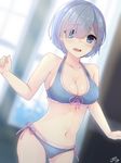  bikini blue_bikini blue_eyes blue_hair blush breasts cleavage embarrassed hair_ornament hair_over_one_eye highres large_breasts layered_bikini looking_at_viewer navel open_mouth pink_bikini ramchi re:zero_kara_hajimeru_isekai_seikatsu rem_(re:zero) short_hair solo swimsuit x_hair_ornament 