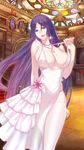  1girl bare_shoulders black_panties breasts cleavage curvy dress earrings fate/grand_order fate_(series) female indoors jewelry large_breasts long_hair long_skirt looking_at_viewer minamoto_no_raikou_(fate/grand_order) necklace no_bra open_mouth panties pearl purple_eyes purple_hair shiny side_slit skirt solo standing thighhighs very_long_hair white_dress white_legwear xion32 