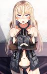  ass_visible_through_thighs bismarck_(kantai_collection) black_panties blue_eyes blush breasts brown_gloves collar collarbone cowboy_shot detached_sleeves embarrassed gloves hair_between_eyes highres jacket kantai_collection large_breasts long_hair looking_at_viewer navel nose_blush open_clothes open_jacket open_mouth panties plan_(planhaplalan) sideboob solo torn_clothes underboob_cutout underwear wet 