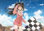  alternate_costume black_hair blush checkered checkered_flag cloud cloudy_sky commentary confetti crown dangmill day earrings fate/grand_order fate_(series) flag hair_ribbon hoop_earrings ishtar_(fate/grand_order) ishtar_(swimsuit_rider)_(fate) jewelry long_hair looking_at_viewer md5_mismatch open_mouth race_queen red_eyes ribbon sky smile solo thighhighs twintails 