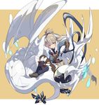  chibi dragon fang female_my_unit_(fire_emblem_if) fire_emblem fire_emblem_if flying komoreg looking_at_viewer my_unit_(fire_emblem_if) ponytail red_eyes riding simple_background takumi_(fire_emblem_if) white_hair 