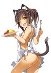  animal_ears apron ass bikini black_hair breasts cat_ears cat_tail cowboy_shot food from_behind hair_ornament looking_at_viewer nearly_naked_apron one_eye_closed open_mouth original plate ponytail side-tie_bikini simple_background small_breasts smile solo spoon swimsuit tail thong_bikini white_background x_hair_ornament yanagi_yuu yellow_bikini yellow_eyes 