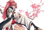  amputee baiken breasts cherry_blossoms choko_(cup) cleavage cloud commentary_request cup eyepatch from_side guilty_gear guilty_gear_xrd highres japanese_clothes kimono large_breasts long_hair long_sleeves looking_at_viewer looking_to_the_side obi one-eyed parted_lips pink_hair ponytail sash scar scar_across_eye sitting smile solo tama_(tamakaka1031) very_long_hair wide_sleeves yellow_eyes 
