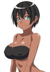  aqua_eyes bandeau black_hair blush breasts covered_nipples dark_skin large_breasts looking_at_viewer original ra-pen short_hair smile solo strapless upper_body white_background 