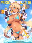  2d :d aqua_bikini aqua_eyes bangs bikini black_gloves blonde_hair blue_bikini blue_eyes blue_sky blush bow breasts cameltoe cleavage cowboy_shot curvy dark_skin day dual_wielding eyebrows_visible_through_hair facial_mark gloves gun hair_between_eyes hair_bow hair_ribbon hands_up headgear heart holding holding_weapon holster large_breasts light_brown_hair long_hair looking_at_viewer low_twintails mecha_musume navel ocean open_mouth original outdoors ribbon skindentation sky smile solo swimsuit tan teeth thigh_holster thigh_strap twintails underboob undersized_clothes very_long_hair wading water_gun weapon wet white_bow 