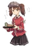  bangs brown_eyes brown_hair commentary_request cowboy_shot food japanese_clothes kantai_collection kariginu long_sleeves looking_to_the_side magatama pleated_skirt ryuujou_(kantai_collection) shikigami simple_background skirt solo sweatdrop swept_bangs tea terrajin translated tray twintails visor_cap 