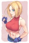  armpits bare_shoulders belt black_gloves blonde_hair blue_eyes blue_mary breasts commentary_request crop_top fingerless_gloves gloves halterneck index_finger_raised large_breasts looking_at_viewer midriff navel parted_lips short_hair smile solo tenjou_tsuki the_king_of_fighters toned upper_body 