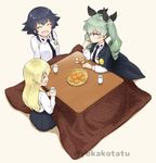  :d anchovy angry anzio_school_uniform bad_id bad_pixiv_id black_hair blonde_hair capelet carpaccio closed_eyes dress_shirt drill_hair eating food fruit girls_und_panzer green_hair highres kotatsu long_hair looking_at_another mandarin_orange multiple_girls necktie open_mouth pepperoni_(girls_und_panzer) pleated_skirt red_eyes shirt short_hair skirt smile table twin_drills yukako_(toyoyuki) 