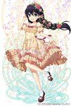  2015 :d bangs bare_shoulders black_hair blush bow braid brown_footwear collarbone commentary company_name dress floral_print flower frilled_dress frilled_sleeves frills full_body gothic_wa_mahou_otome green_eyes hair_flower hair_ornament hair_vines hand_in_hair jenevan leg_up long_hair looking_at_viewer mary_janes open_mouth orange_flower orange_rose pinky_out print_dress puffy_short_sleeves puffy_sleeves red_bow red_flower red_rose ribbon-trimmed_dress ribbon_trim rose rose_print shoes short_sleeves single_braid skirt_hold smile socks solo standing standing_on_one_leg watermark white_legwear 