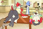  anthro areola avian bird blue_jay breasts butt cartoon_network cleaning corvid detailed_background eileen feathers feet female foot_fetish human lagomorph lazzylad male mammal margaret mordecai_(regular_show) nipples raccoon red_feathers regular_show rigby_(regular_show) soles table teeth tongue 