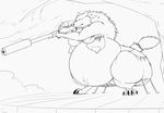  animated anthro armpit_hair belly big_belly breasts butt canine clothing female mammal multi_breast pregnant riis sitting weapon wolf 