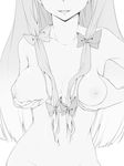  bow breasts collarbone grabbing_own_breast greyscale hair_bow head_out_of_frame long_hair looking_at_viewer lowres medium_breasts monochrome navel nipples nirap nude open_mouth patchouli_knowledge sidelocks simple_background smile solo stomach touhou upper_body white_background 