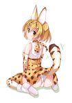  animal_ears ass blonde_hair boots commentary elbow_gloves extra_ears gloves high-waist_skirt kemono_friends looking_at_viewer looking_back motion_lines panties pantyshot serval_(kemono_friends) serval_ears serval_print serval_tail shadow shirt short_hair simple_background sitting skirt sleeveless sleeveless_shirt solo striped_tail tail tail_lift underwear wariza white_background white_footwear white_panties yanagi_yuu yellow_eyes 