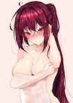  bangs blush breast_hold breasts cleavage closed_mouth collarbone commentary_request covering covering_nipples eyebrows_visible_through_hair fate/grand_order fate_(series) hair_intakes hand_in_hair highres hplay large_breasts long_hair looking_at_viewer nude_cover pink_background pink_towel ponytail purple_hair red_eyes red_hair scathach_(fate)_(all) scathach_(fate/grand_order) simple_background smile solo tareme towel upper_body very_long_hair wet wet_hair 