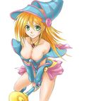  &gt;:) bare_shoulders blonde_hair blue_footwear blush boots breasts choker cleavage closed_mouth collarbone commentary_request dark_magician_girl duel_monster from_above green_eyes hair_between_eyes hat large_breasts long_hair looking_at_viewer looking_up pentacle simple_background smile solo staff tenjou_tsuki v-shaped_eyebrows v_arms white_background wizard_hat yuu-gi-ou 