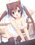  :d ahoge all_fours animal_ears apron blue_eyes blurry bow breasts brown_hair cat_ears cat_tail cleavage commentary_request depth_of_field fang hair_bow hair_ornament hair_ribbon hairpin long_hair looking_at_viewer medium_breasts miyasaka_miyu naked_apron open_mouth original pet_play ribbon smile solo tail tail_ribbon thighhighs twintails white_apron zettai_ryouiki 