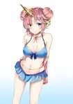  arms_behind_back bikini blue_background blue_bikini blue_eyes breasts cleavage double_bun eyebrows_visible_through_hair fate/apocrypha fate/grand_order fate_(series) frankenstein's_monster_(fate) frankenstein's_monster_(swimsuit_saber)_(fate) furumiya_neko gradient gradient_background hair_ornament hairclip heterochromia highres medium_breasts navel pink_hair solo standing swimsuit white_background yellow_eyes 