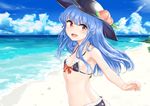  bangs bare_arms beach bikini black_bikini black_hat blue_hair blue_sky blunt_bangs breasts cloud cloudy_sky day eyebrows_visible_through_hair food fruit halter_top halterneck hat highres hinanawi_tenshi long_hair looking_at_viewer momoiro_lettuce ocean open_mouth outdoors peach red_eyes sand sky small_breasts solo summer swimsuit touhou upper_body 