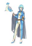  ascot belt blue_footwear blue_hair cape gen_1_pokemon grey_cape grey_eyes high_heels highres holding_cape lapras looking_at_viewer personification pokemon pokemon_(creature) rapier shoes smile standing sword weapon white_background 