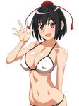  arm_behind_back bikini black_hair blush breasts cleavage covered_nipples hat large_breasts looking_at_viewer navel open_mouth ra-pen red_eyes shameimaru_aya short_hair smile solo swimsuit tokin_hat touhou waving white_background white_bikini 