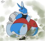  anthro belly big_belly big_butt breasts bulge butt clothing fart lagomorph maid_uniform mammal pregnant rabbit rear_view riis uniform 