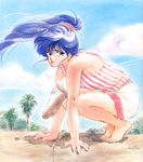  80s all_fours arm_support ayukawa_madoka barefoot between_thighs blue_eyes blue_hair blue_sky breasts cloud cloudy_sky condensation_trail day dirt floating_hair from_side high_ponytail kimagure_orange_road long_hair looking_at_viewer medium_breasts official_art oldschool outdoors palm_tree pink_lips sandals shadow shirt shoes_around_neck shoes_removed shorts shorts_rolled_up signature sky sleeveless sleeveless_shirt solo squatting striped striped_shirt takada_akemi traditional_media tree vertical-striped_shirt vertical_stripes watercolor_(medium) white_shorts 