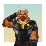  2015 anthro belt biceps big_muscles black_nose brown_eyes brown_fur canine chest_tuft claws clothed clothing dog elbow_tufts fingerless_gloves fully_clothed fur german_shepherd gloves hi_res looking_at_viewer male mammal muscular muscular_male neck_tuft officer_benson pecs police salute solo takemoto_arashi tuft uniform utility_belt 