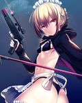  apron artoria_pendragon_(all) artoria_pendragon_(swimsuit_rider_alter) ass bikini black_bikini blonde_hair breasts brown_eyes cocked_hammer fate/grand_order fate_(series) gun highres holding holding_gun holding_weapon laser_sight looking_at_viewer maid_headdress silly_(marinkomoe) small_breasts solo swimsuit trigger_discipline weapon 