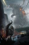  bridge car city destruction dinosaur explosion fire giant_monster godzilla godzilla_(2014) godzilla_(series) kaijuu legendary_pictures monster monsterverse mutant overcast pterodactyl scott_shi smoke spikes toho_(film_company) tyrannosaurus_rex 