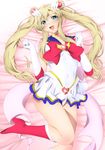  1girl :d aqua_eyes bare_legs bed bishoujo_senshi_sailor_moon blonde_hair blue_sailor_collar blush boku_wa_tomodachi_ga_sukunai boots breasts brooch choker clenched_hands cosplay covered_navel double_bun elbow_gloves fang female from_above gloves hands hands_up head_tilt heart heart_brooch heart_necklace highres indoors jewelry kashiwazaki_sena legs long_hair looking_at_viewer lying miniskirt multicolored multicolored_skirt neck necklace on_back on_bed red_boots sailor_collar sailor_moon sailor_moon_(cosplay) see-through serafuku sidelocks skirt smile solo super_sailor_moon super_sailor_moon_(cosplay) thighs tiara tsukino_usagi tsukino_usagi_(cosplay) twintails white_clothes white_gloves white_skirt yadokari_genpachirou yellow_choker 