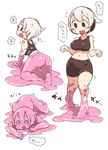  1girl ass bike_shorts blush_stickers comic female goo_girl midriff monster_girl navel open_mouth original sakamoto_ahiru short_hair slime transformation white_hair 