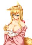  animal_ears baby bangs blonde_hair bow breast_feeding breasts eyebrows_visible_through_hair fox_ears fox_girl fox_tail green_eyes hair_bow highres himeka_chiyako holding japanese_clothes kimono large_breasts long_hair minaha_(playjoe2005) motherly no_bra obi off_shoulder original pink_bow pink_kimono sash smile tail white_background 