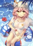 animal_ears bell bell_collar bikini blue_bikini blush breasts cleavage collar collarbone commentary_request day ears_through_headwear fate/extra fate/grand_order fate_(series) flower fox_ears fox_tail hair_ribbon hat highres innertube large_breasts long_hair looking_at_viewer navel ocean outdoors pink_hair ribbon shirt solo swimsuit t-shirt tail tamamo_(fate)_(all) tamamo_no_mae_(fate) tamamo_no_mae_(swimsuit_lancer)_(fate) tsukimizu_(ordeal) water wet wet_clothes wet_shirt wet_t-shirt yellow_eyes 