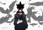  animal_head bird black_pants boku_no_hero_academia feathers flock hood hood_down hoodie long_sleeves male_focus mia0309 pants raven_(animal) red_eyes shadow signature tokoyami_fumikage 